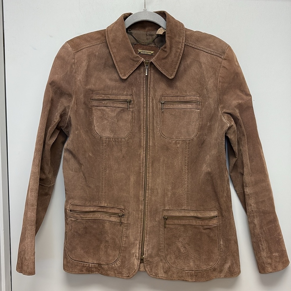 i.e. Relaxed Petite Brown Leather Zippered Cargo Jacket Size Large
